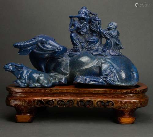 Chinese lapis lazuli carved buffalo and figural group