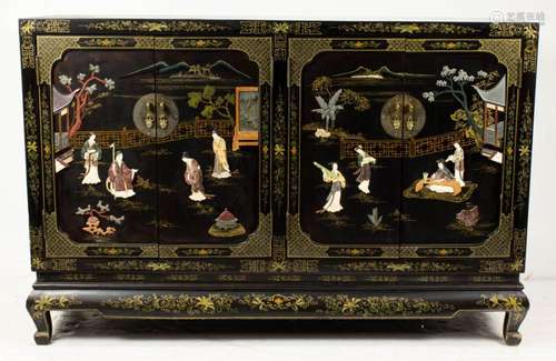 Chinese black lacquer sideboard with applied decoration