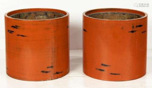 (lot of 2) Japanese lacquered cylindrical hibachi