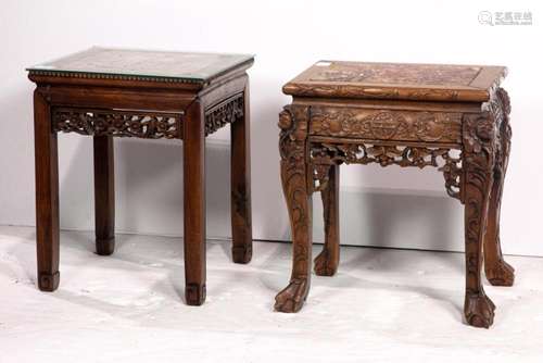 Pair of Chinese wood side tables with marble top