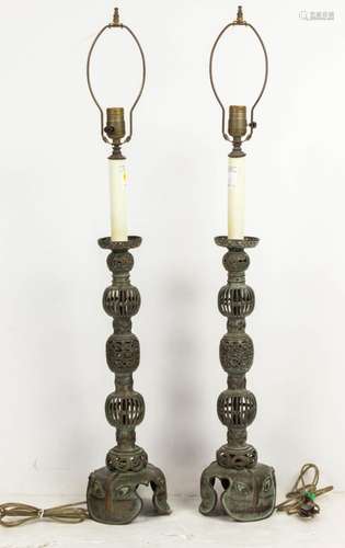 Pair of Japanese bronze candle prickets