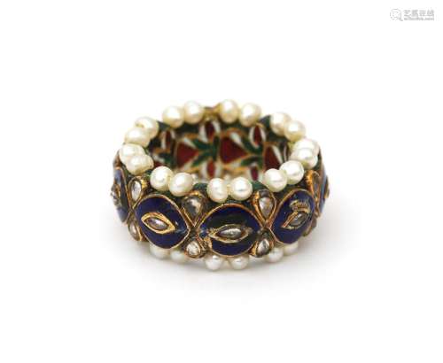 An 18 karat gold enamel Kundan ring. Featuring diamonds and ...