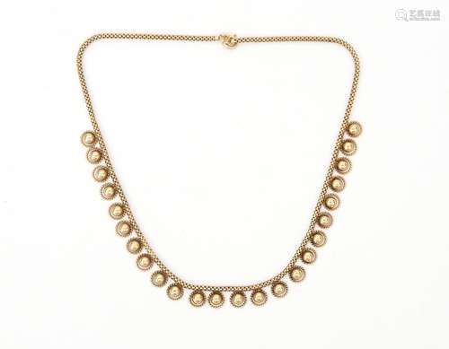 A 14 karat gold choker necklace, ca. 1950-`60`s. A fine link...