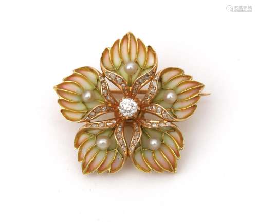 An 18 karat gold plique à jour diamond and pearl Art Nouveau...