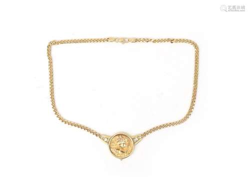An 18 karat gold necklace with Art Nouveau medal pendant. A ...