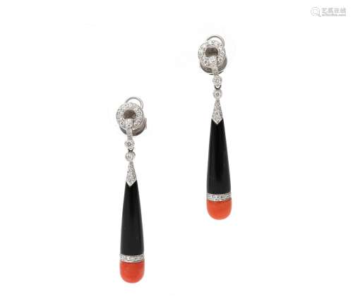 A pair of long earrings with onyx, diamond and coral. In an ...