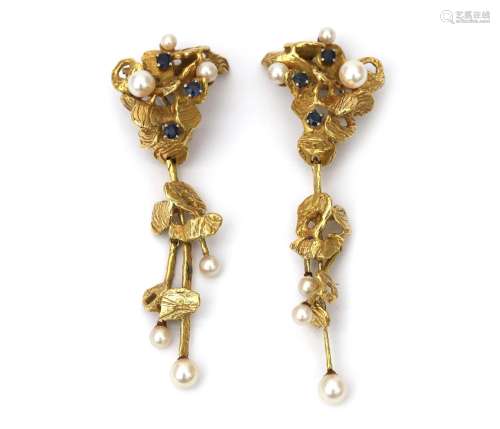 A pair of 18 karat gold modernist sapphire and pearl earring...