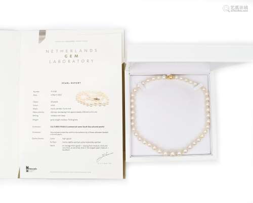 A cultured South Sea pearl necklace to a 14 karat gold clasp...