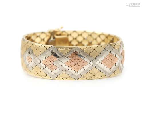 A 14 karat tri-colour gold flat link bracelet. A wide bracel...