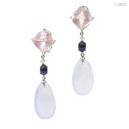 A pair of 18 karat white gold chalcedony, sapphire, diamond ...