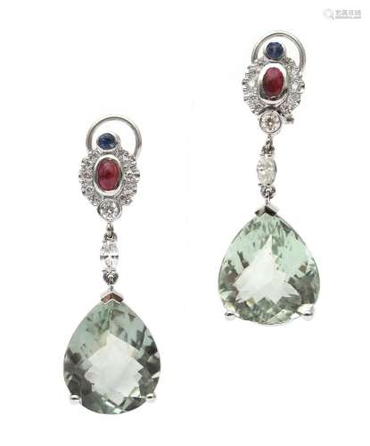 A pair of 14 karat white gold prasiolite, diamond, ruby and ...