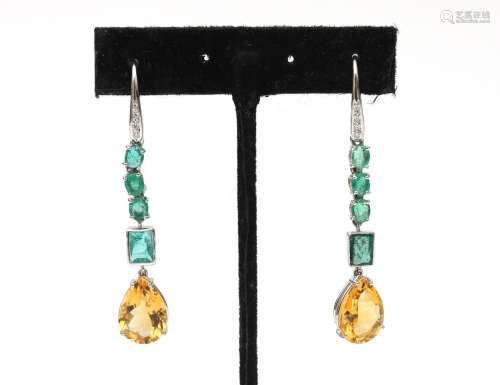 A pair of long emerald, diamond and citrine ear pendants. Gr...