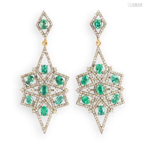 A pair of emerald and diamond earrings