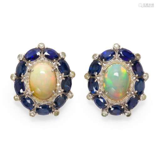 A pair of opal, sapphire and diamond earrings