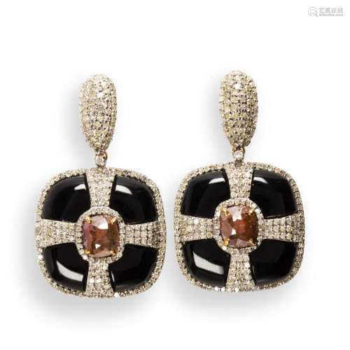 A pair of black chalcedony, colored diamond, and diamond ear...