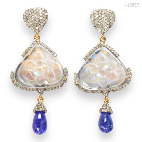 A pair of moonstone, tanzanite and diamond earrings