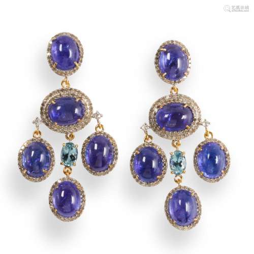A pair of tanzanite, aquamarine and diamond earrings