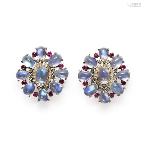 A pair of moonstone, ruby and diamond earrings