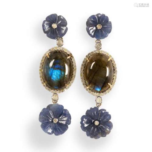 A pair of sapphire, labradorite and diamond earrings