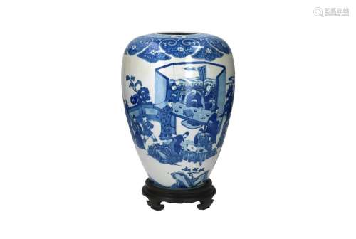 A blue and white porcelain ginger jar, decorated with figure...