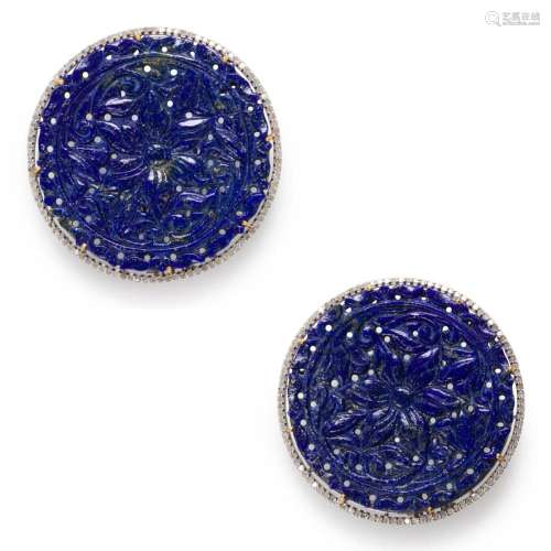 A pair of lapis lazuli and diamond earrings