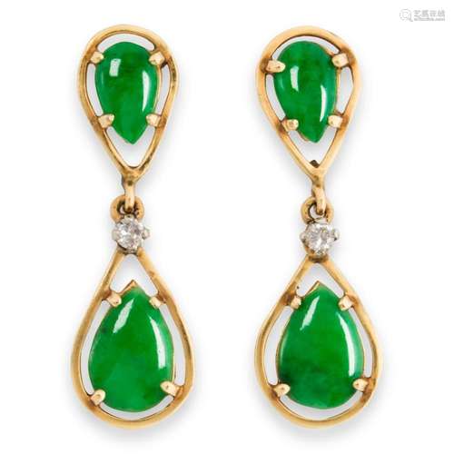 A pair of jade. diamond and fourteen karat gold earrings