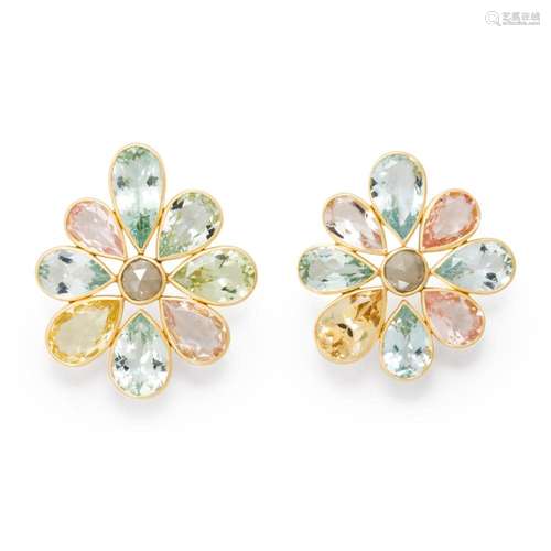 A pair of beryl, colored diamond and eighteen karat gold ear...