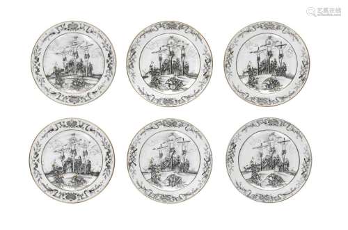 A set of six encre de Chine porcelain dishes, decorated with...