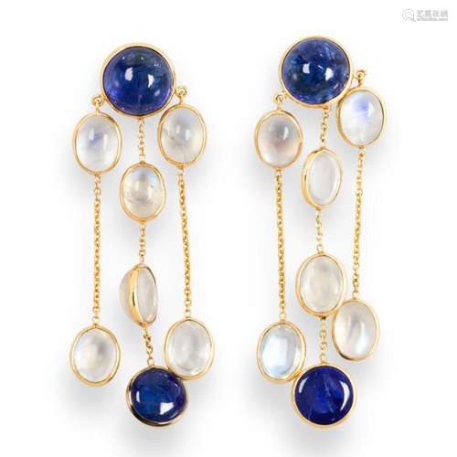 A pair of tanzanite, moonstone and eighteen karat gold earri...