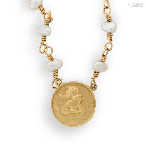 A cultured seed pearl and fourteen karat gold necklace