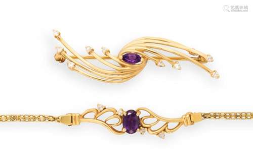 A group of amethyst, diamond and fourteen karat gold jewelry