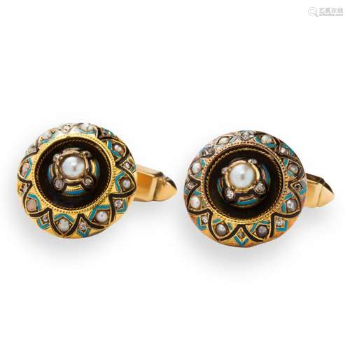 A pair of enamel, seed pearl and fourteen karat gold cufflin...