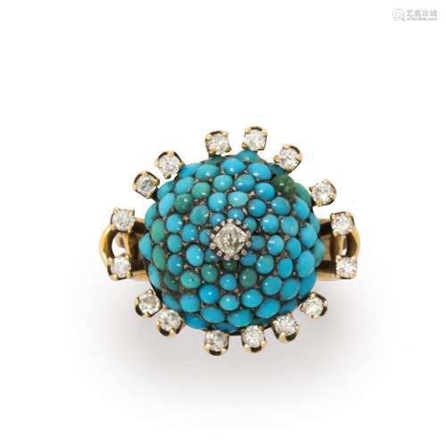 A turquoise, diamond and fourteen karat gold ring