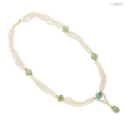 A seed Pearl, turquoise and fourteen karat gold necklace