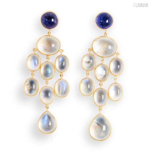 A pair of moonstone, tanzanite and eighteen karat gold earri...