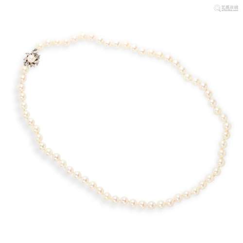 A cultured pearl, diamond fourteen karat white gold necklace