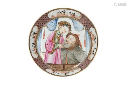 A polychrome porcelain saucer, decorated with a man and a pr...