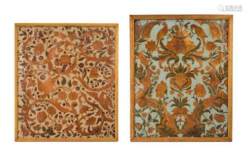 Lot of two framed gold leather wallpaper fragments. Antwerp,...