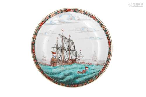 A polychrome porcelain deep dish, decorated with ships and D...