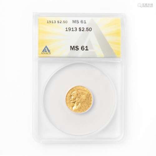 1913 $2 1/2 Gold Indian Head Quarter Eagle ANACS MS61