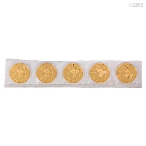 (Lot of 5) Chinese Gold Panda coins, 1985 in retail plastic ...