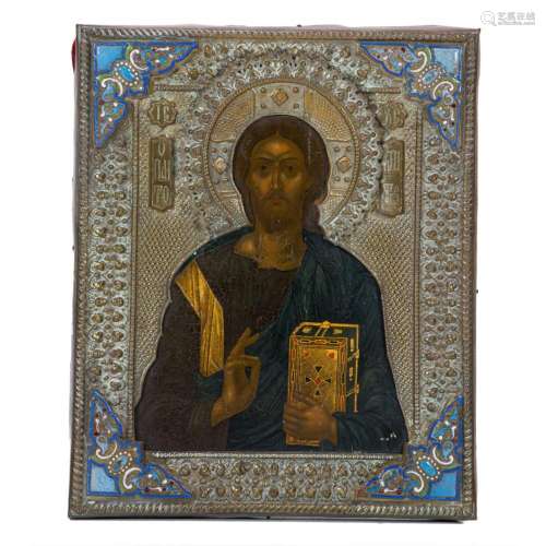 Russian cloisonne enamel brass oklad icon of Christ the Pant...