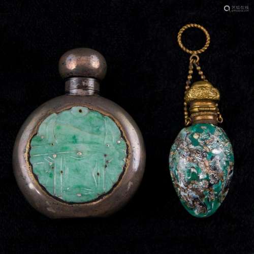(Lot of 2) Scent bottles: incl German jade mounted .900 silv...