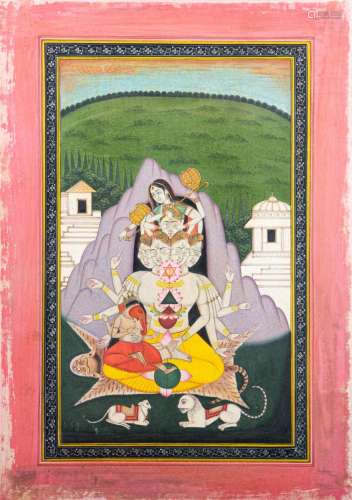 Indian Manoi miniature painting of a seated six headed Karti...