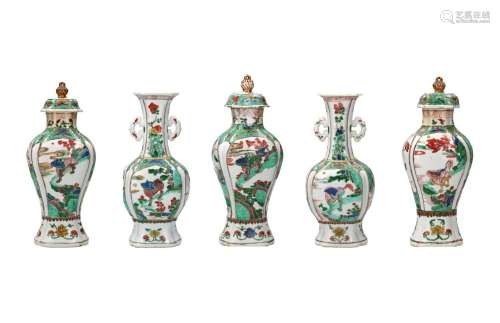 A five-piece famille verte porcelain garniture, decorated wi...