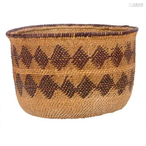 A Maidu single rod storage basket decorated with two bands o...