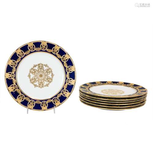 Seven Copeland porcelain enameled 'jeweled' gilt and...