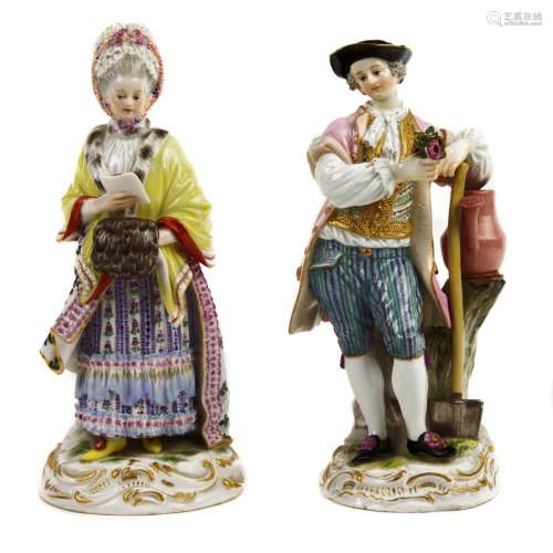 Two Meissen porcelain figures of a gardener and fashionable ...