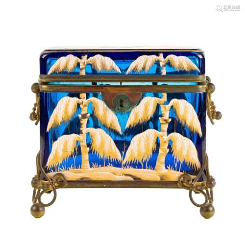 A Continental enameled blue glass and gilt metal mounted box...