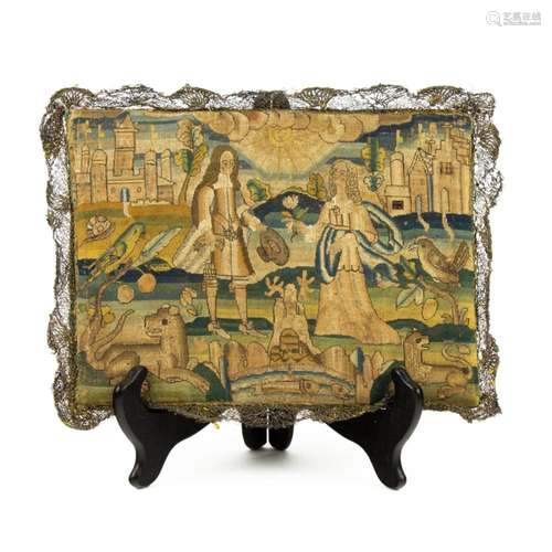 A Charles II silk on canvas needlework pillow, 17th century